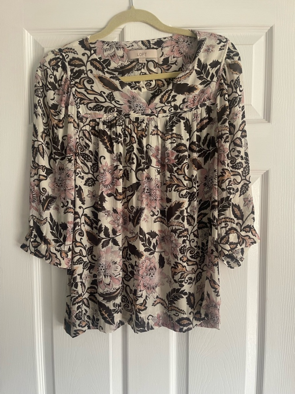 LOFT Cream Floral Blouse with Pink and Brown Print